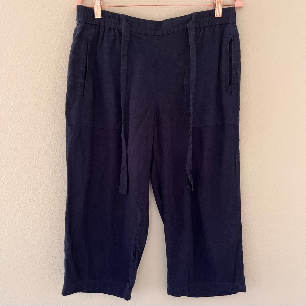 Womens Linen Wide Leg Capri Culotte Pants Small Navy Coastal Travel‎ Lagenlook